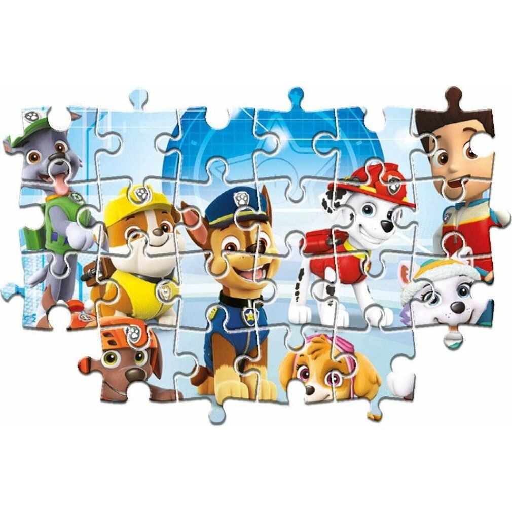 Puzzle Clementoni Paw Patrol: Freunde maxi. Pezzi di puzzle con personaggi Paw Patrol. Personaggi su sfondo blu. Puzzle parzialmente assemblato.