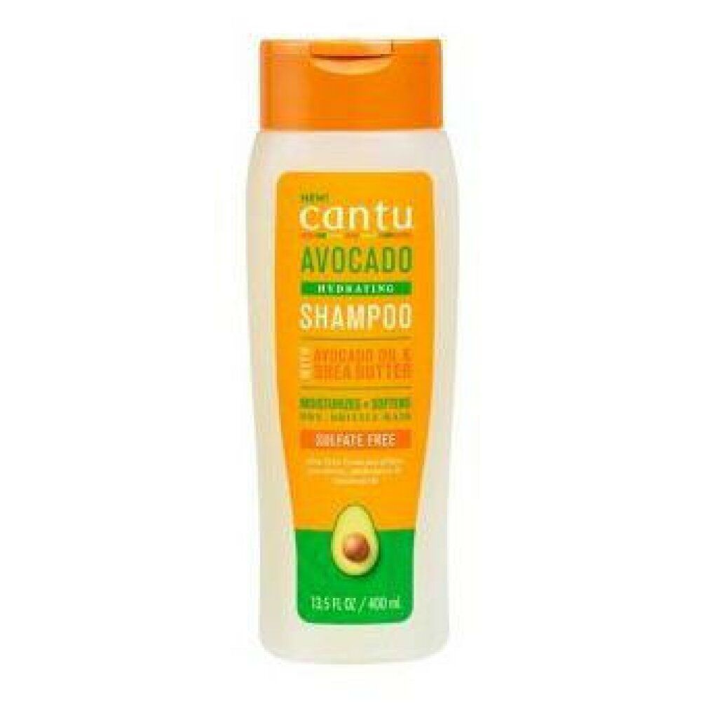 Flacone di shampoo idratante Cantu Avocado. Tappo arancione, contenitore bianco, etichetta verde con informazioni e illustrazione avocado.
