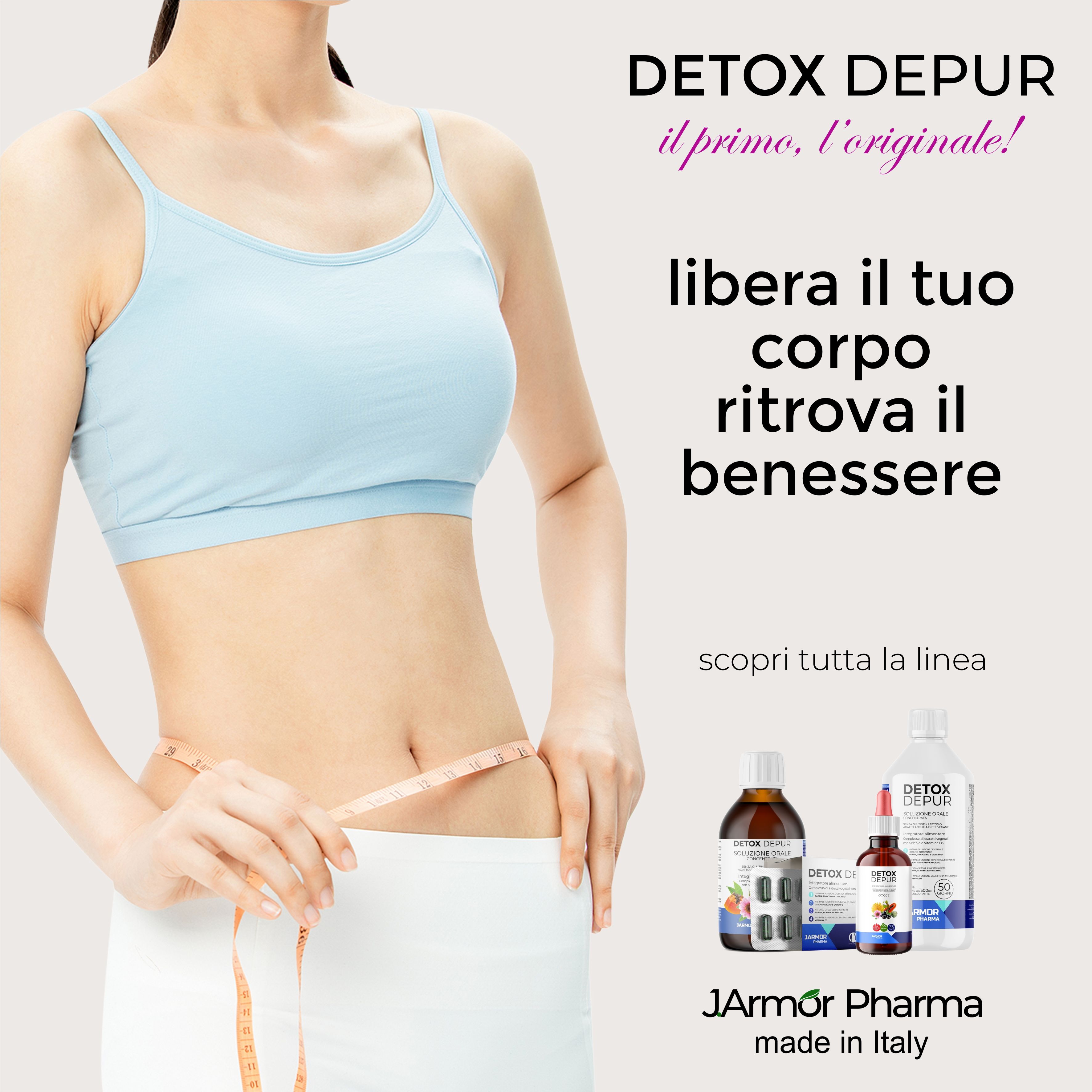 Donna con metro a nastro. Prodotti Detox Depur. Testo: Libera il corpo, ritrova il benessere.