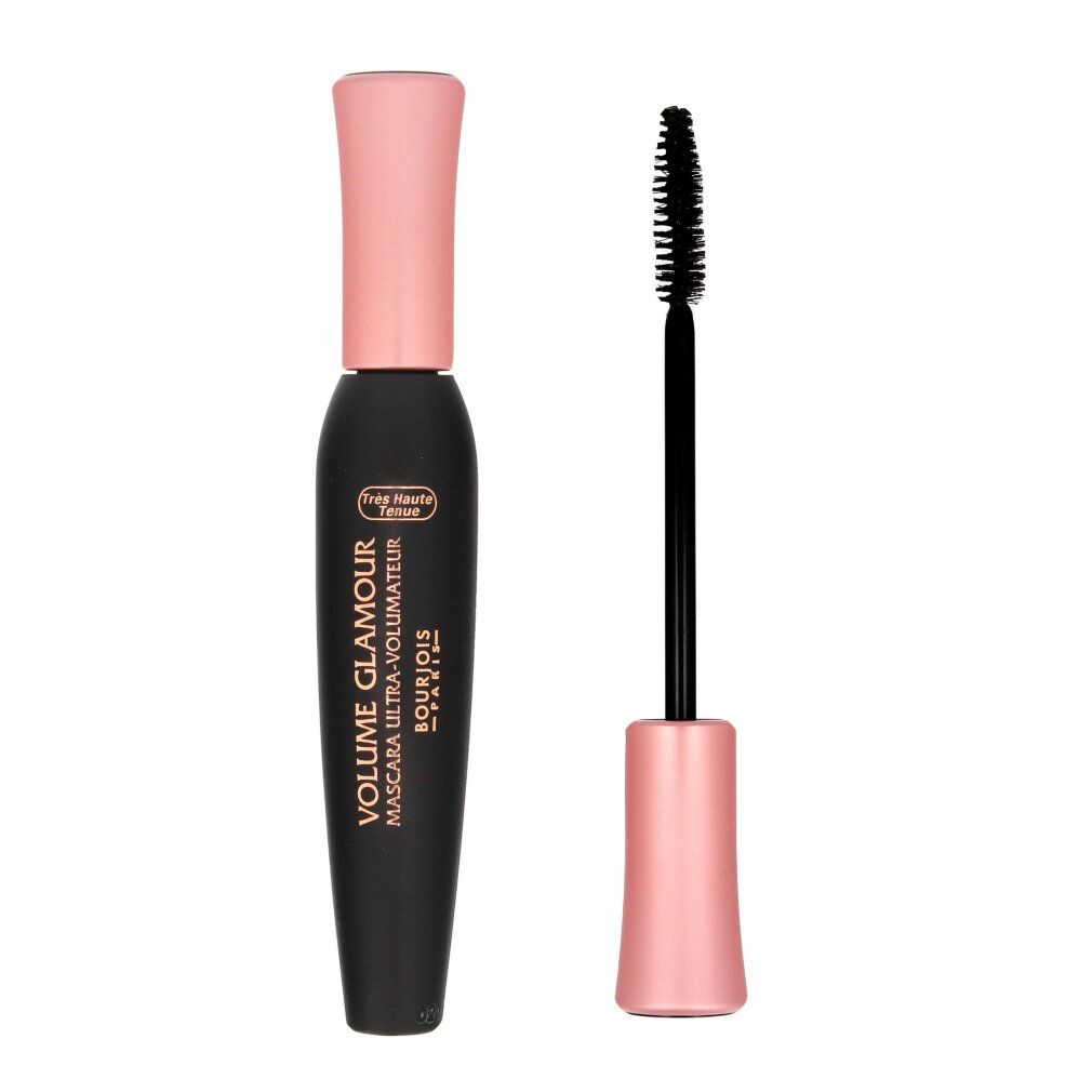 Tubetto di mascara nero con cappuccio e spazzola rosa. Testo: VOLUME GLAMOUR, BOURJOIS PARIS.