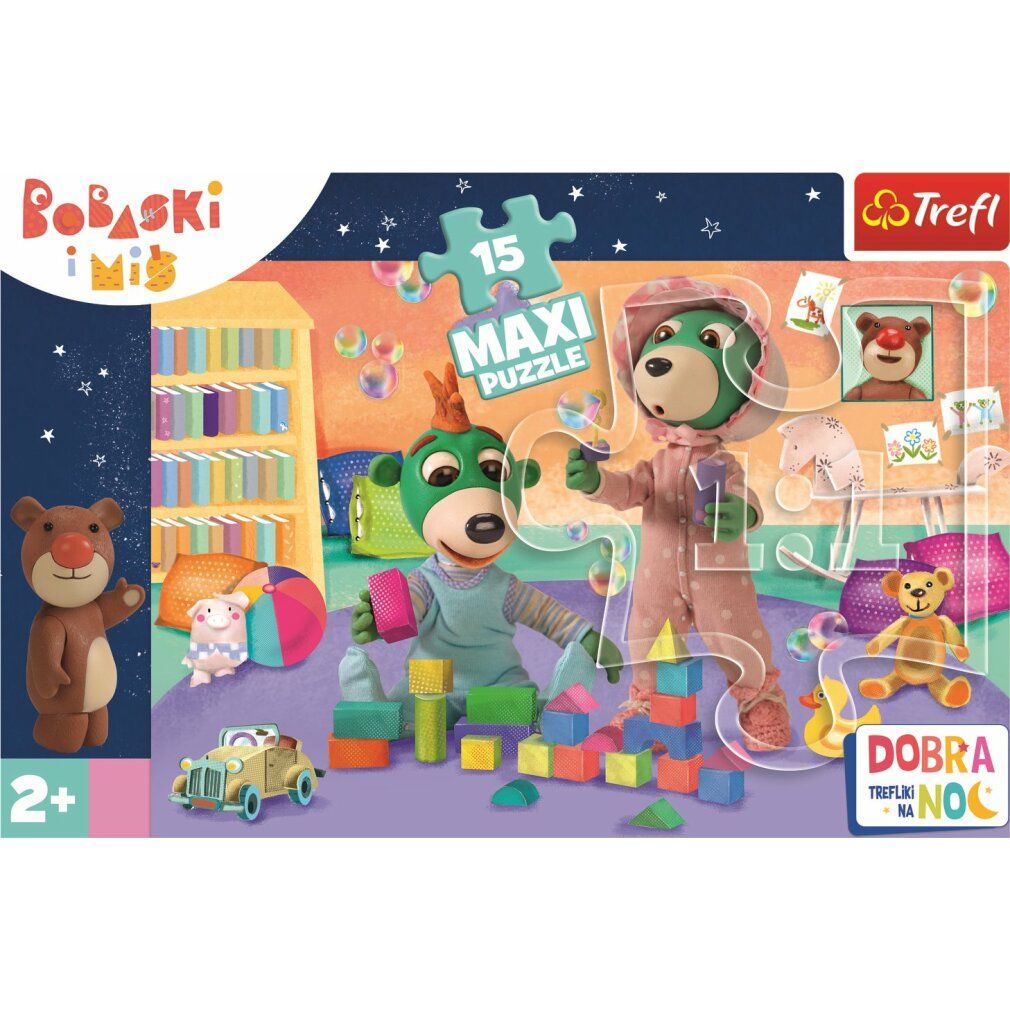 Puzzle Gute Nacht, Treflici. Puzzle maxi da 15 pezzi con illustrazioni di personaggi. Confezione con logo e raccomandazione di età.