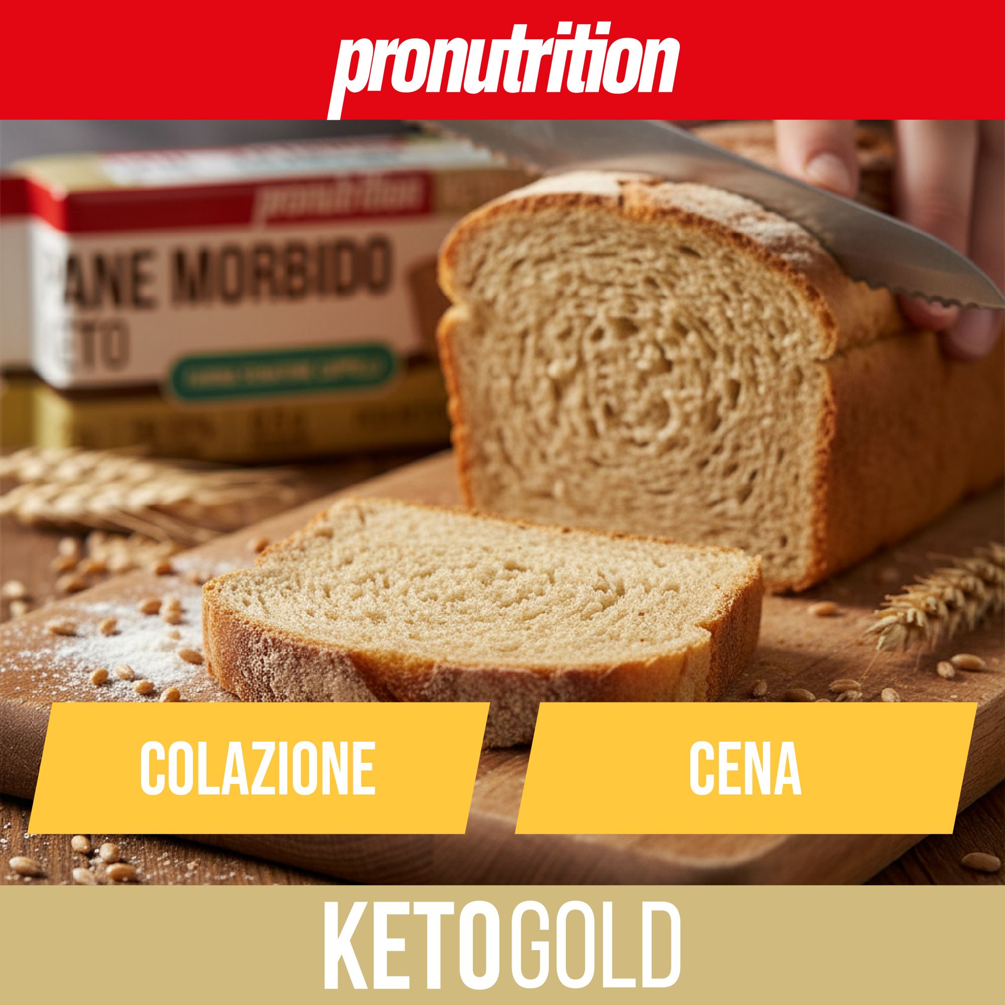 Pane Keto tagliato con un coltello su un tagliere di legno. Scritte: Colazione e Cena. Logo KetoGold.