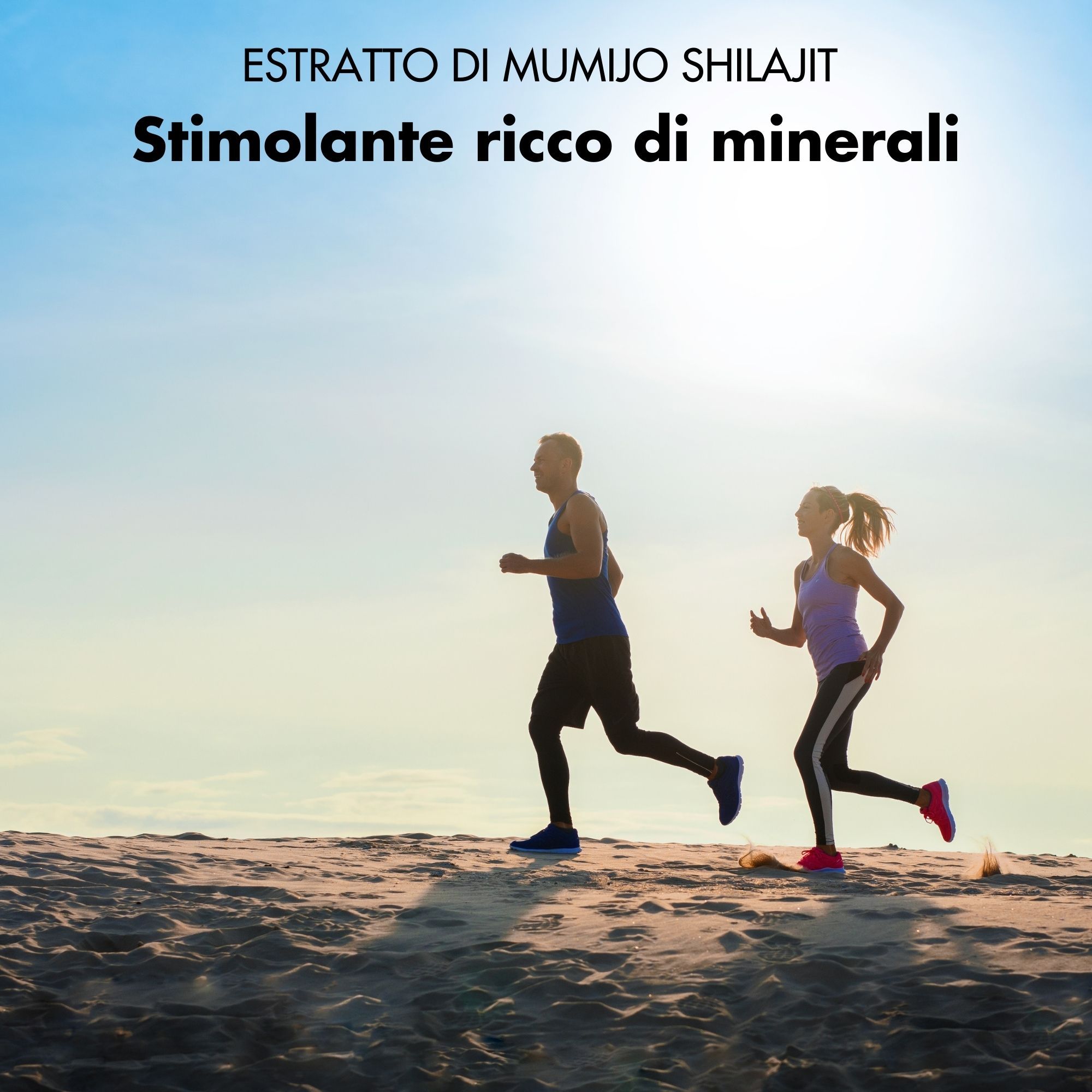 Uomo e donna fanno jogging sulla spiaggia. Testo: Estratto di Mumijo Shilajit. Ricco di minerali.