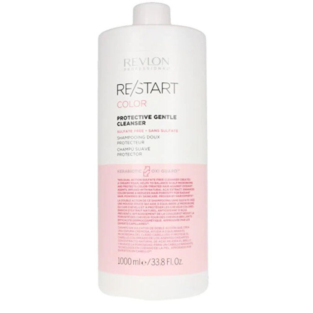 Grande flacone bianco con etichetta rosa. Scritta: RE/START COLOR Protective Gentle Cleanser. Marchio: Revlon.