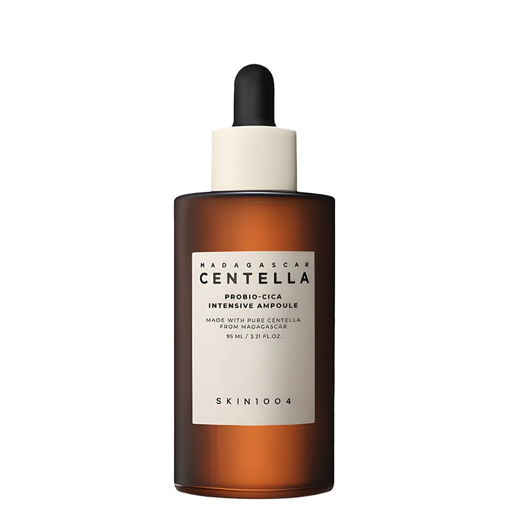 Flacone in vetro marrone con contagocce ed etichetta: Madagascar Centella Probio-Cica Intensive Ampoule.