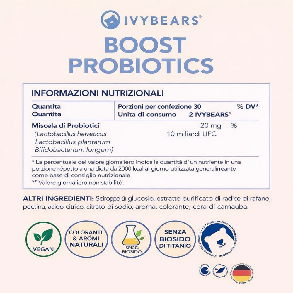 Informazioni nutrizionali per IvyBears Boost Probiotics. Testo: Miscela probiotica, 20 mg, 10 miliardi di UFC. Logo vegano.