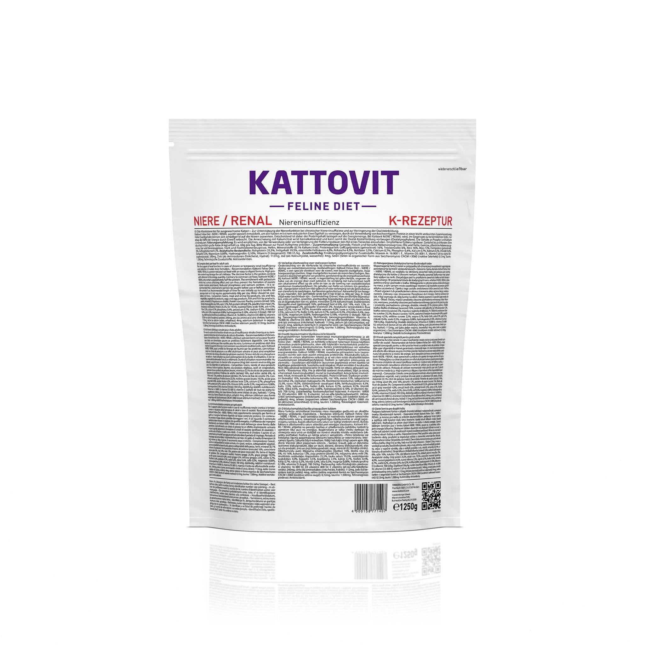 KATTOVIT Niere-Renal Trockenfutter. Confezione bianca con informazioni e logo. K-Rezeptur.
