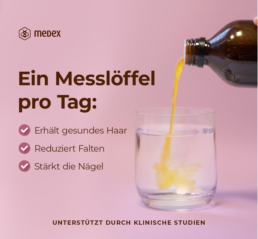 Liquido versato in un bicchiere. Testo: Un misurino al giorno. Mantiene i capelli sani, riduce le rughe, rinforza le unghie. Logo Medex.