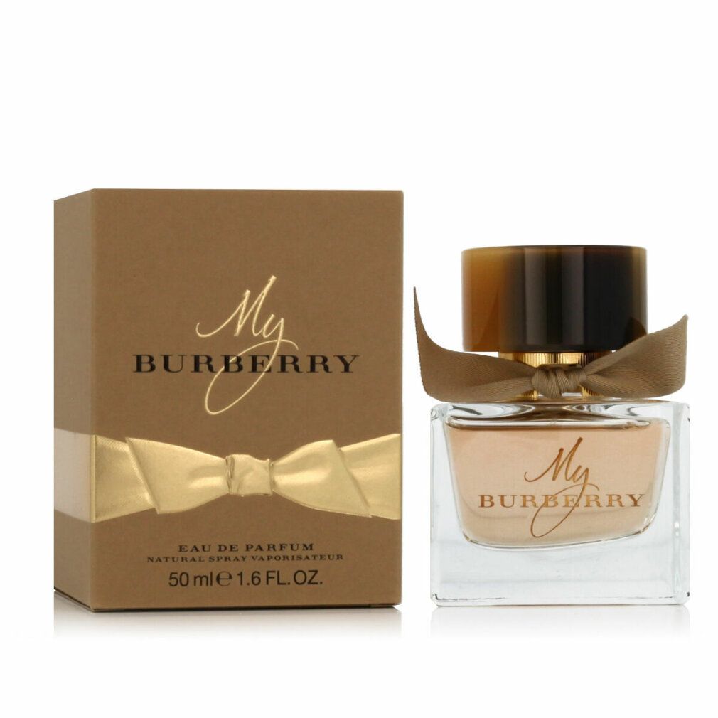 Flacone di profumo e confezione. Flacone con fiocco e tappo. Confezione con fiocco e scritta My Burberry.