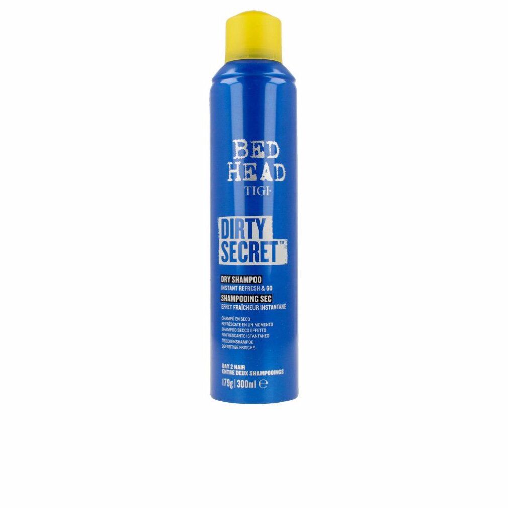Flacone spray blu con tappo giallo. Shampoo secco Bed Head Dirty Secret. Testo: Dry Shampoo, 179g/300ml.