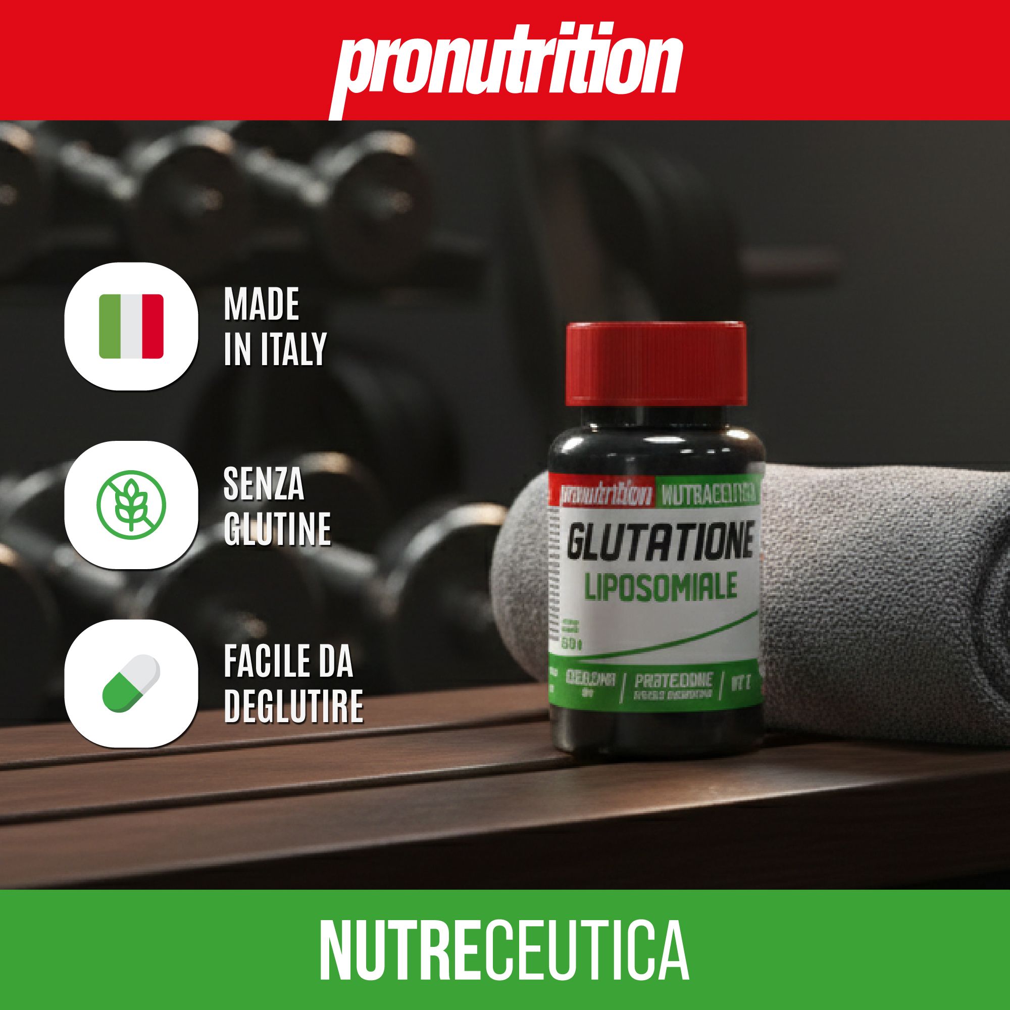 Flacone marrone con tappo rosso. Testo: Glutatione Liposomiale. Testo: Made in Italy, Senza glutine, Facile da deglutire. Testo: Nutraceutica.