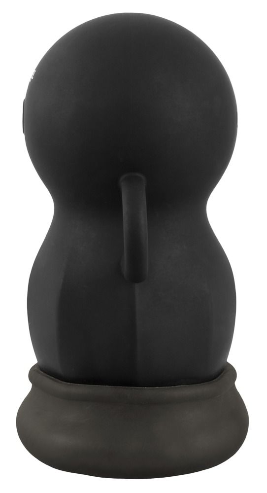 Prodotto benessere nero con testa rotonda, manico e base. Vista posteriore.