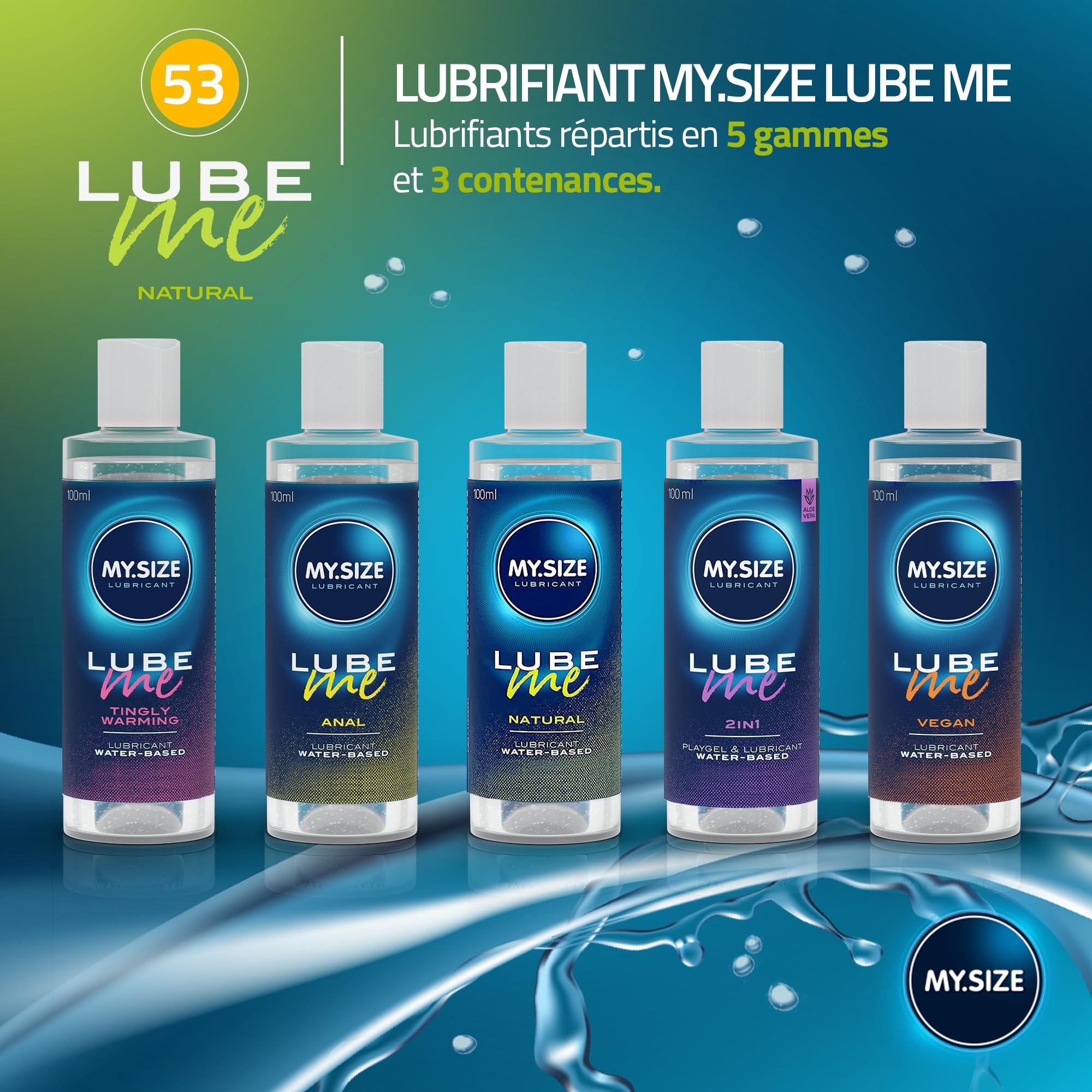 Cinque flaconi di lubrificante MY.SIZE LUBE ME, diverse varianti: Tingly Warming, Anal, Natural, 2in1, Vegan.
