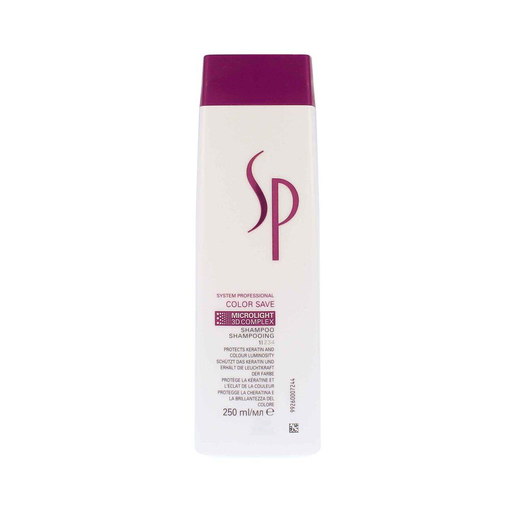 Shampoo bianco, tappo viola. Testo: SP Color Save Shampoo. Logo Wella. 250 ml.