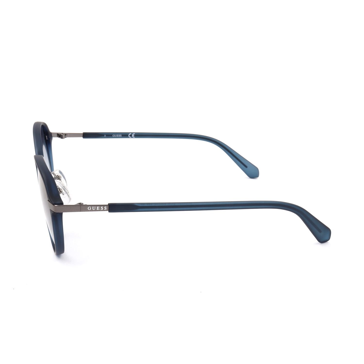 Occhiali blu Guess, vista laterale. Asta in metallo con logo.