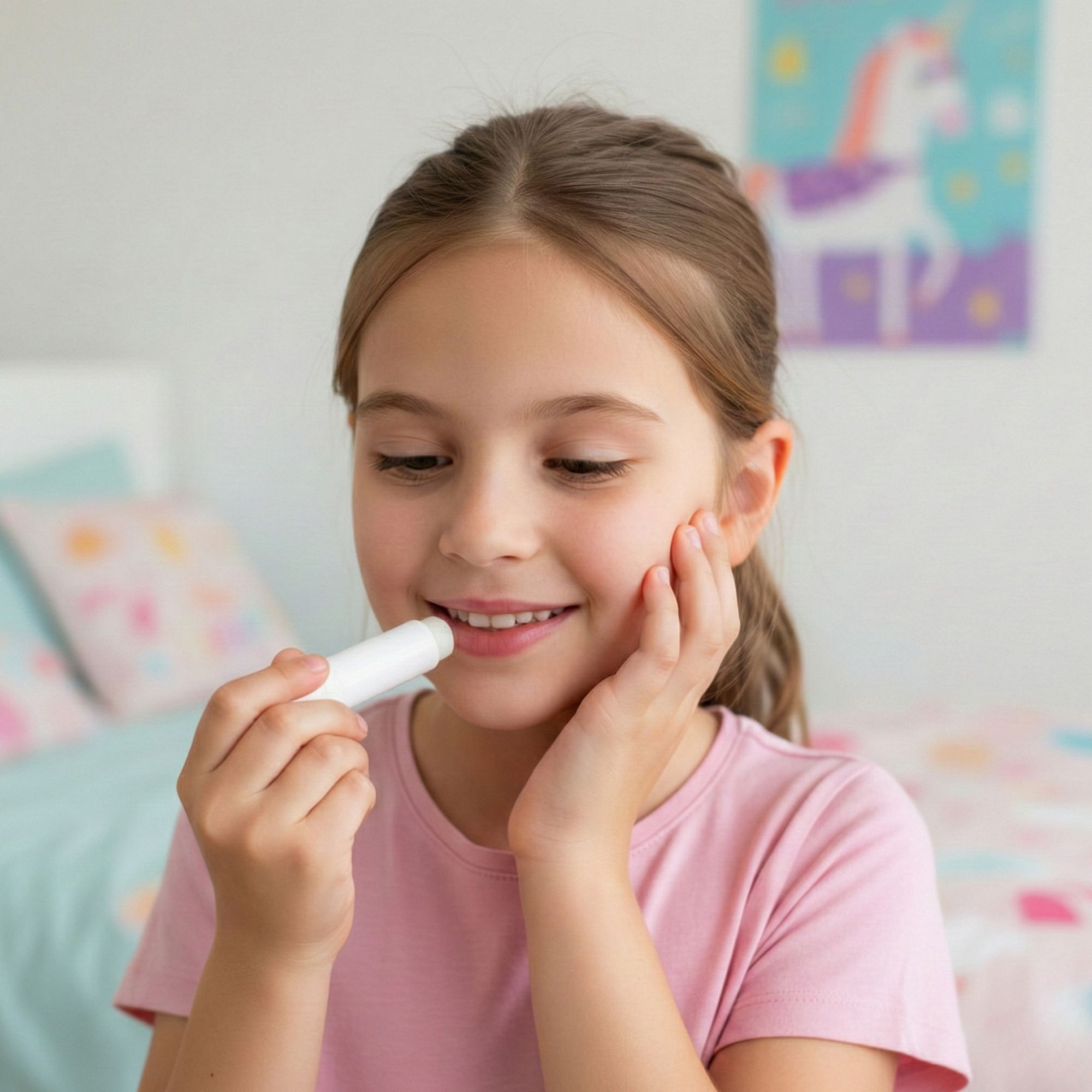 Ragazza che applica il balsamo per le labbra. Balsamo per labbra bianco in mano. La ragazza sorride. Sfondo: letto e muro con immagine di unicorno.