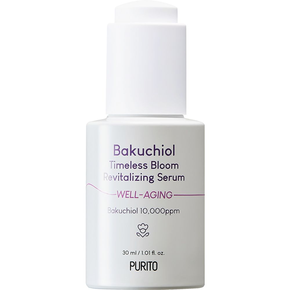 Flacone di siero bianco con scritta Bakuchiol Timeless Bloom. Con dosatore. 30 ml.