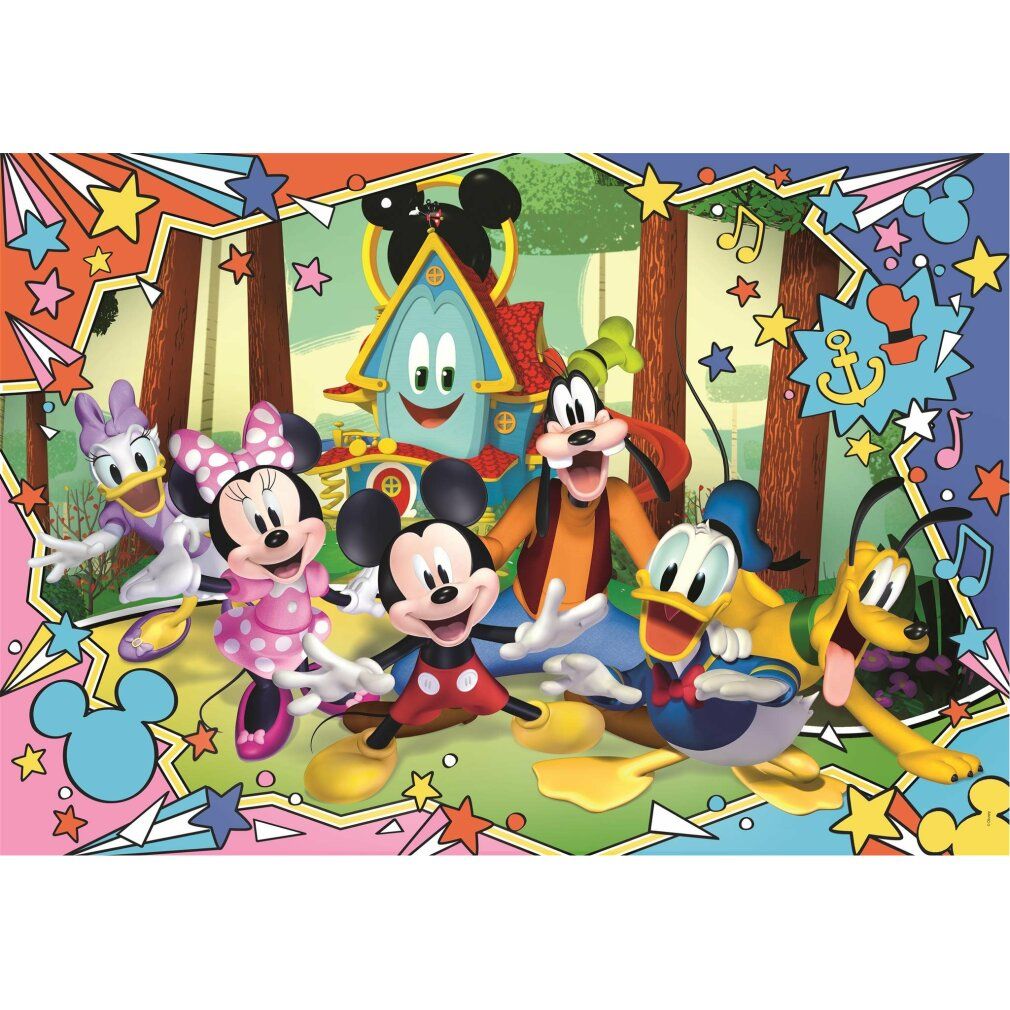 Puzzle completo con Topolino e amici. Illustrazione colorata con personaggi. Stelle e note sullo sfondo.