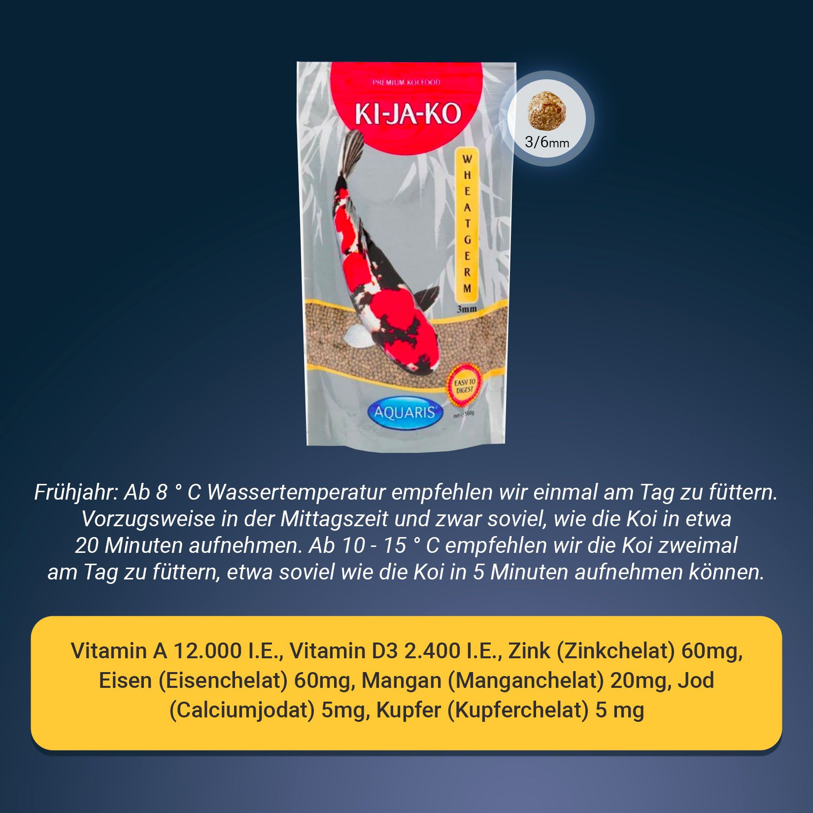 Confezione di KI-JA-KO Koifischfutter Wheatgerm 6 mm. Busta rossa con illustrazione di pesce koi e testo.