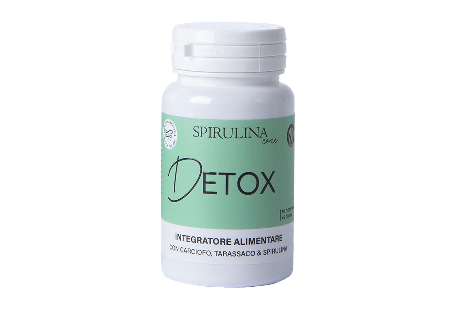 Flacone bianco "Spirulina care Detox". Etichetta verde con testo: "Integratore alimentare".