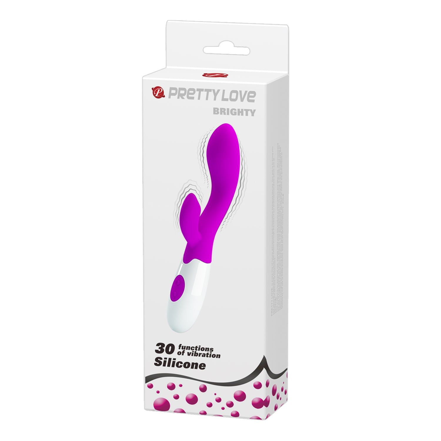 Confezione del prodotto. Scatola bianca con vibratore viola. Testo: Pretty Love, Brighty, 30 modalità.