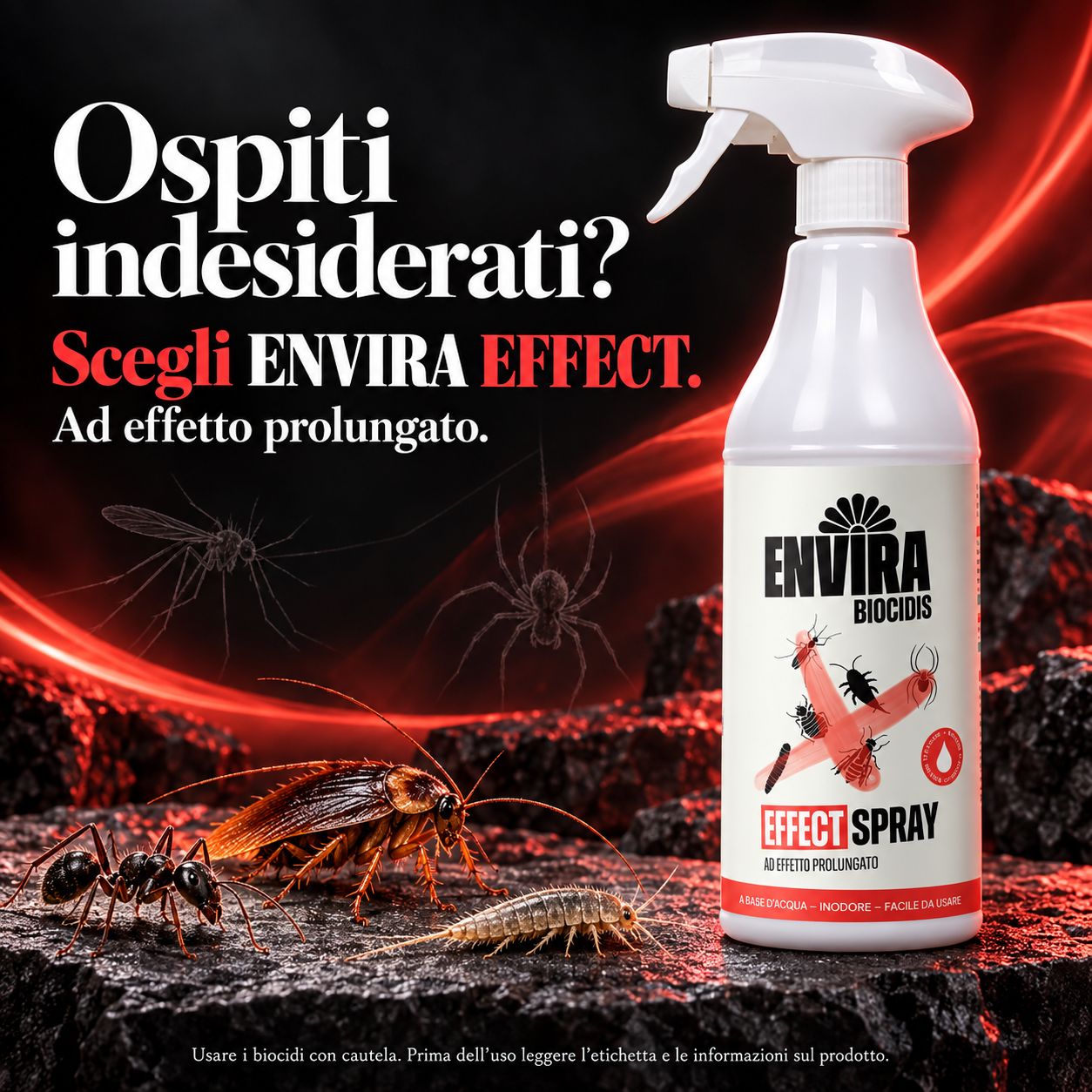 Uno spray antiparassitario con icone per base d'acqua, inodore e facile da usare.