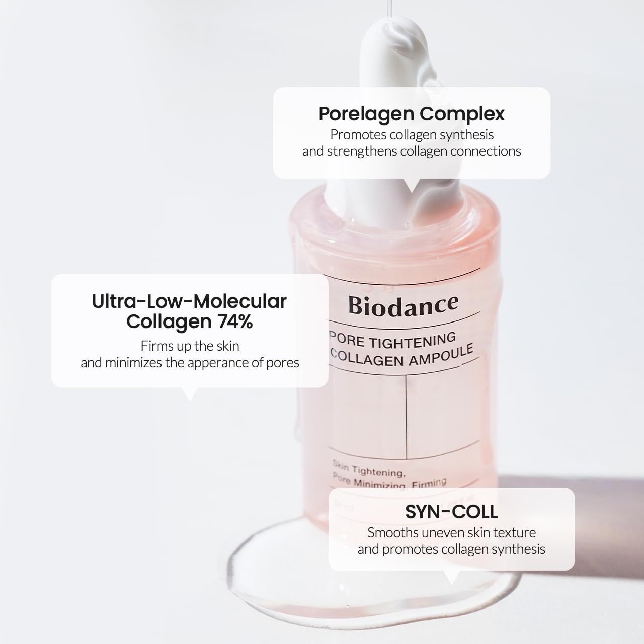 Flacone rosa con tappo bianco. Scritta: Biodance PORE TIGHTENING COLLAGEN AMPOULE. Etichette di testo.