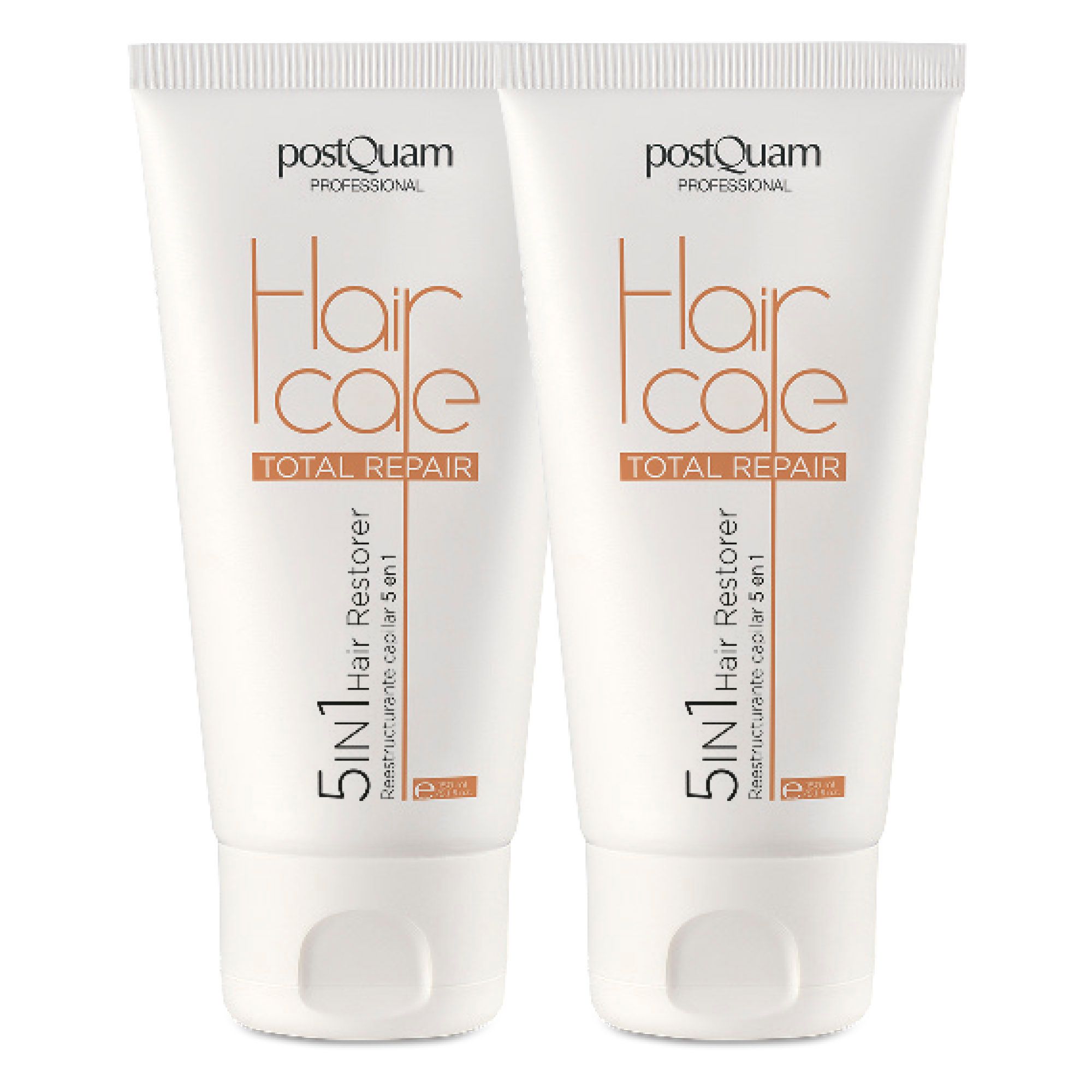 Due tubi bianchi con stampa dorata. Testo: Hair Care Total Repair, 5 in 1 Hair Restorer. Marchio: Postquam.