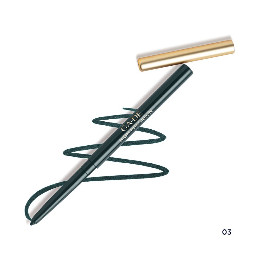 Eyeliner nero con cappuccio dorato e tratto. Scritta: GA-DE HIGH PRECISION.