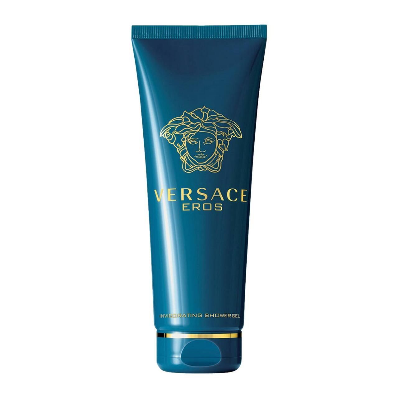 Gel doccia rinvigorente Versace Eros in tubo blu, vista frontale.