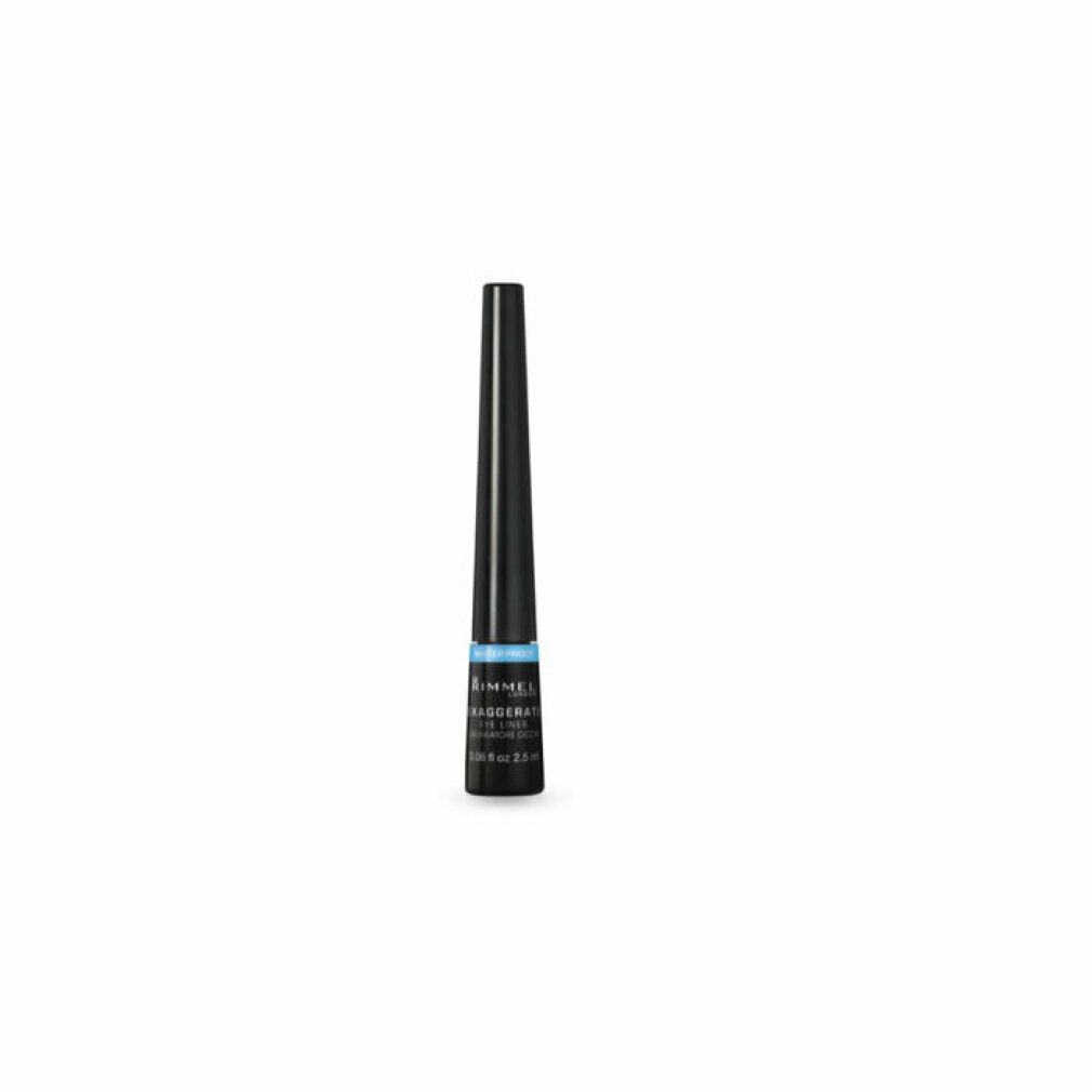 Eyeliner nero. Flacone con fascia blu. Scritta: Rimmel London Exaggerate Eye Liner Waterproof 003.