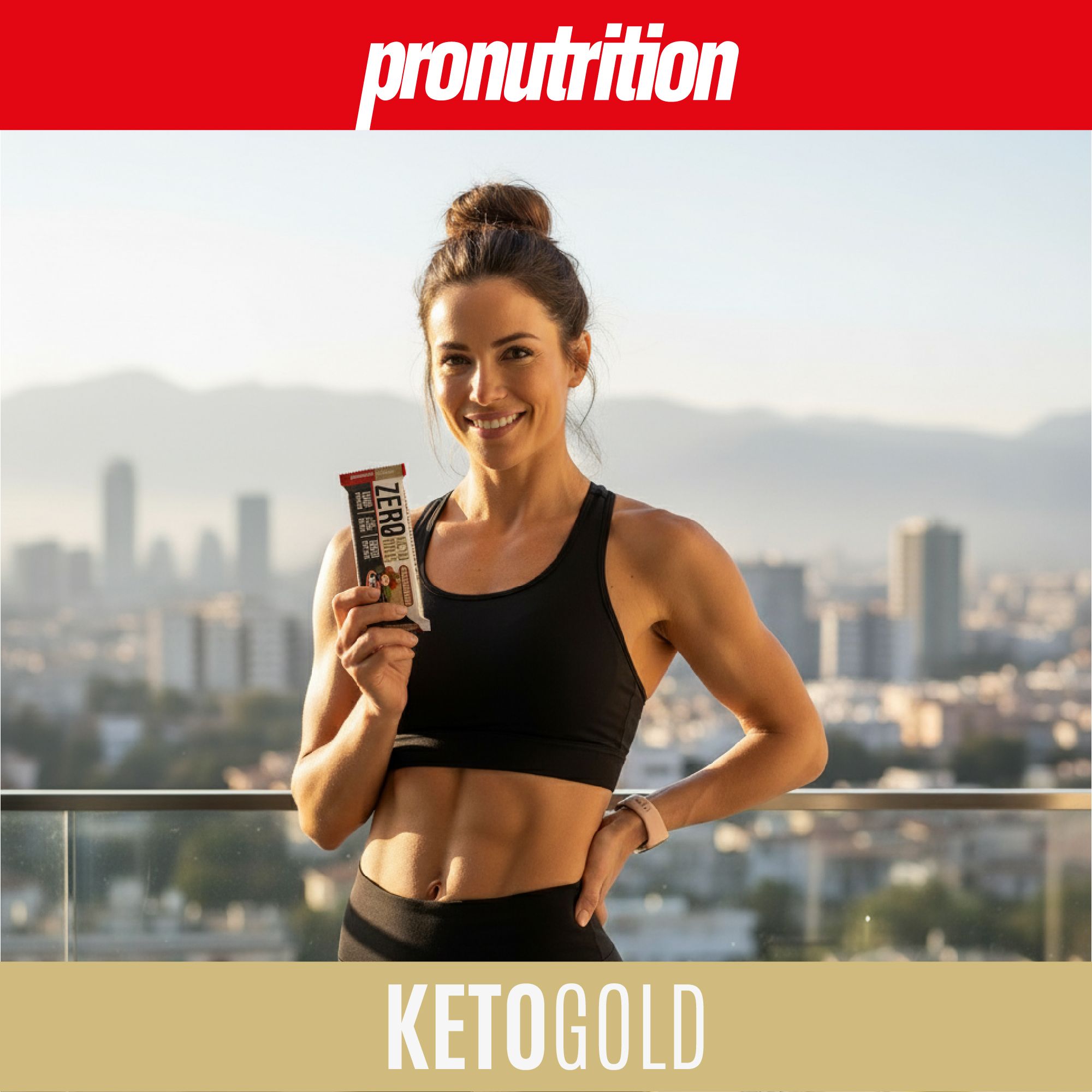 Donna tiene in mano Pronutrition Zero Keto Bar. Indossa abbigliamento sportivo. Sfondo: vista città.