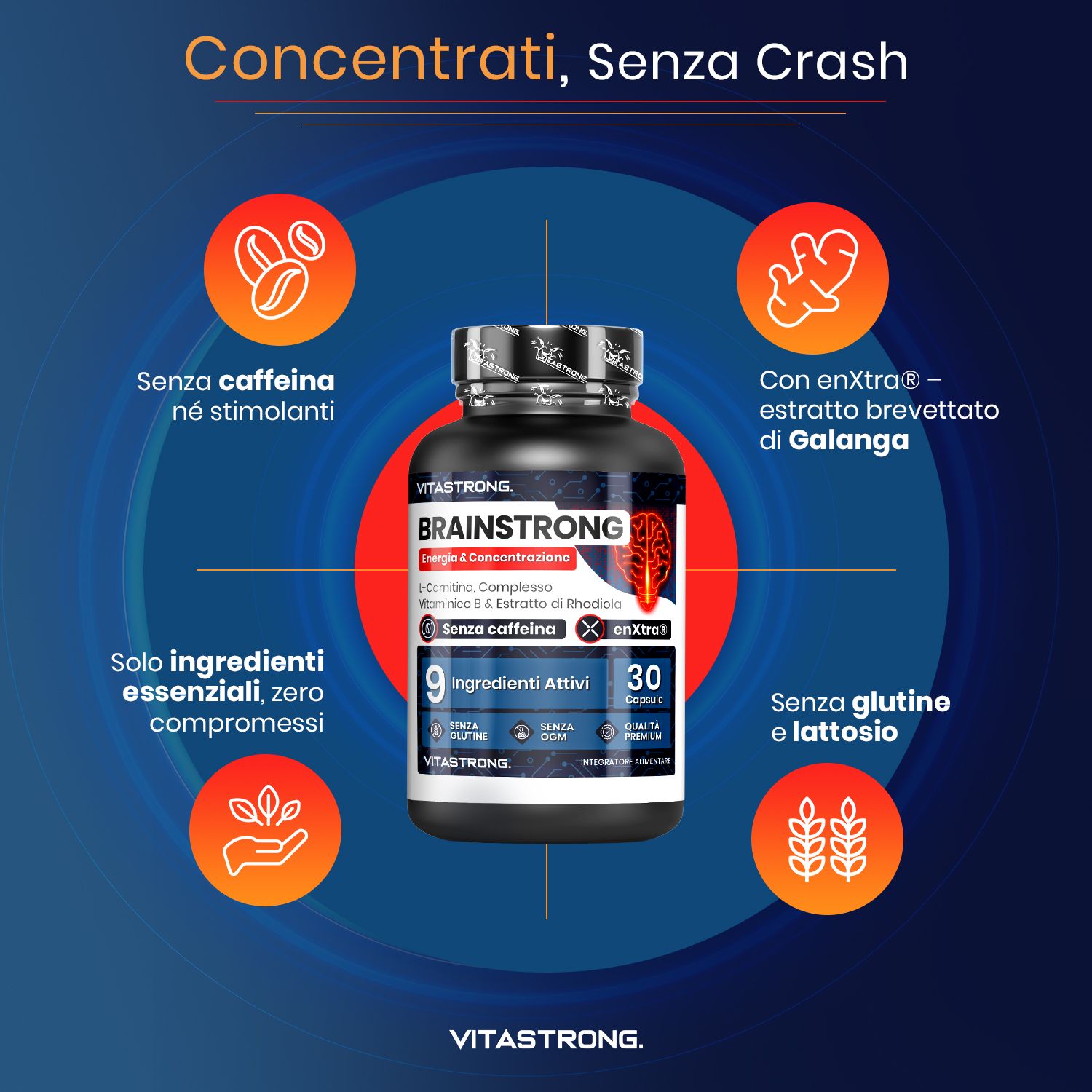 Flacone Brainstrong con 30 capsule. Testo: 9 ingredienti attivi, senza caffeina, senza glutine e lattosio. Diagramma con ingredienti.