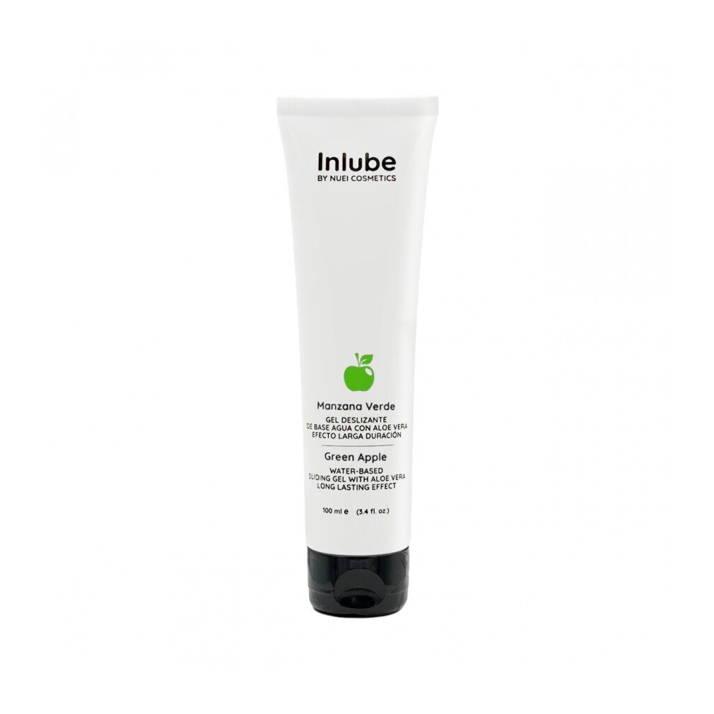 Tubo bianco con tappo nero. Scritta: Inlube, Manzana Verde, Green Apple. Nome del prodotto e logo.