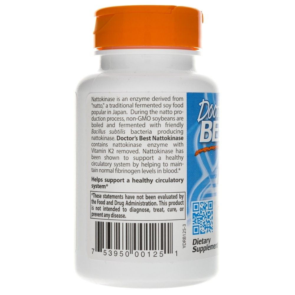 Retro del contenitore Doctor's Best Nattokinase 2.000 FU con descrizione del prodotto e codice a barre.