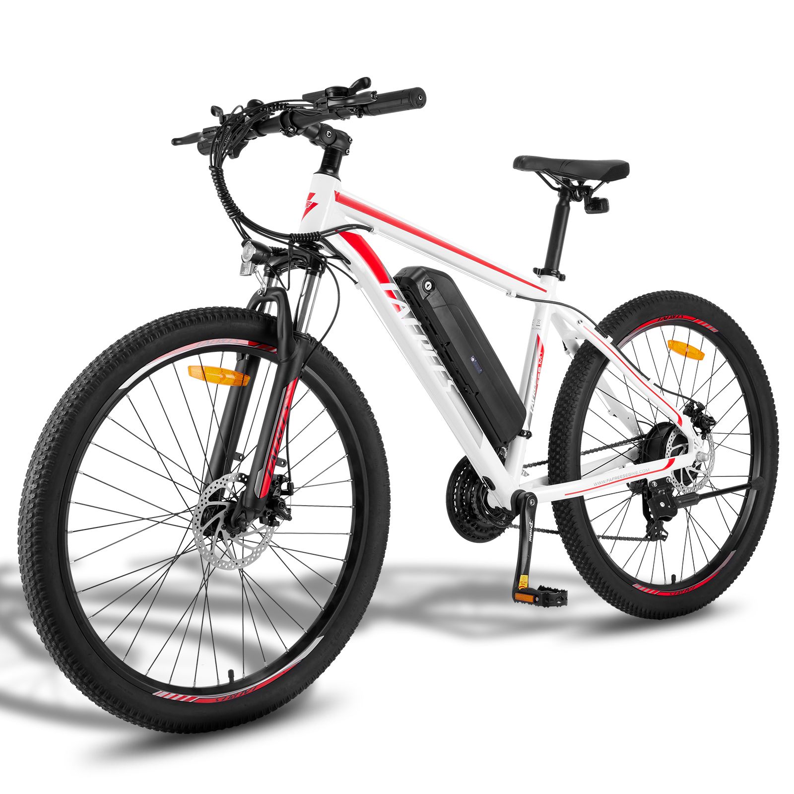 E-mountain bike bianco con dettagli rossi. Pneumatici, forcella e manubrio neri. Batteria sul telaio.