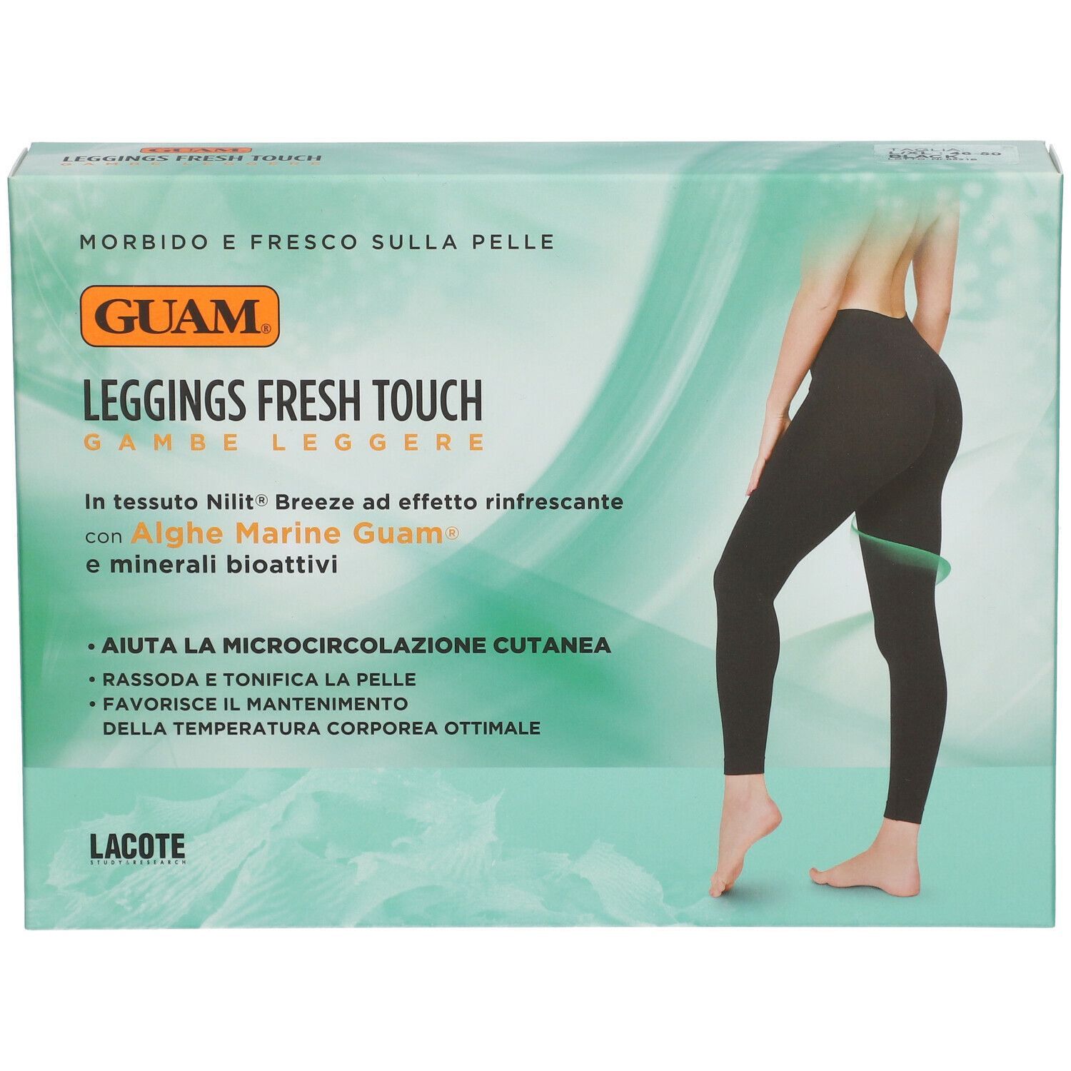 GUAM® Leggings Fresh Touch L/XL in confezione. Leggings neri, illustrazione di donna. Testo: Alghe, microcircolazione.