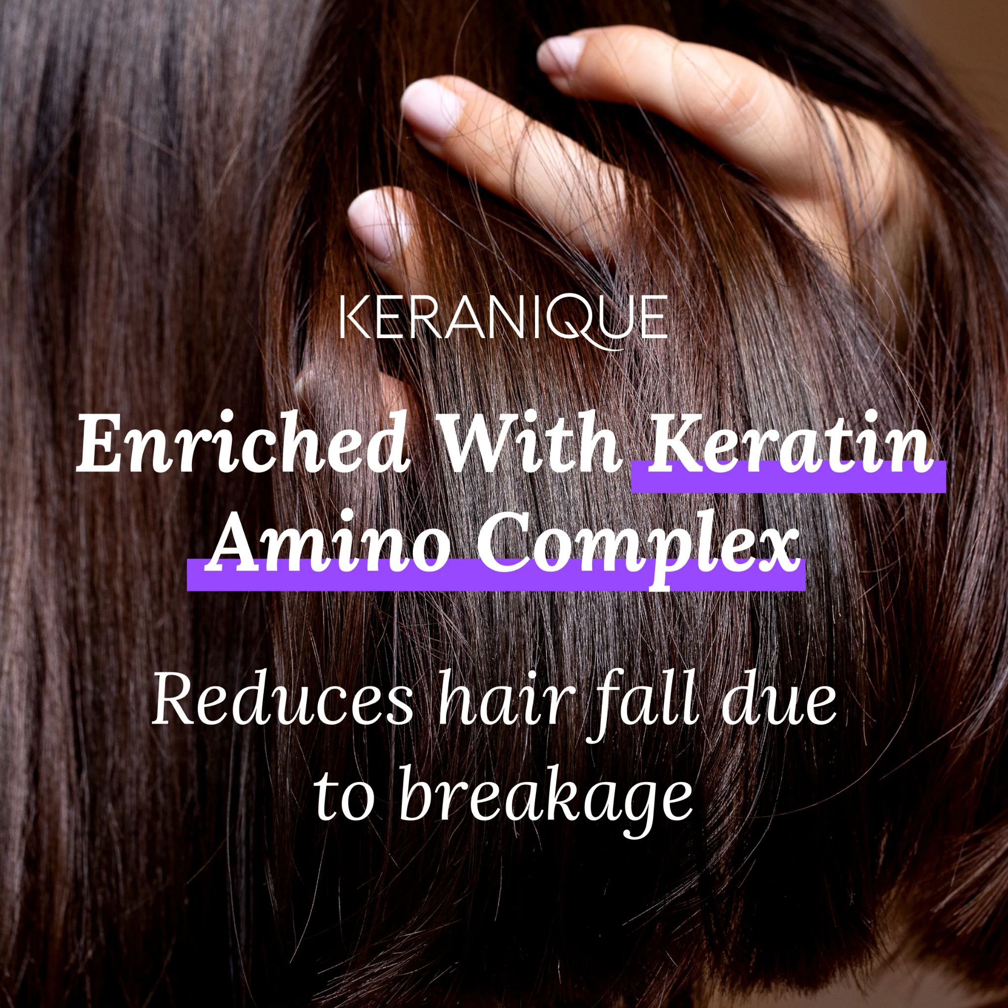 Primo piano di capelli castani. Testo: Keranique. Arricchito con Keratin Amino Complex. Riduce la caduta dei capelli.