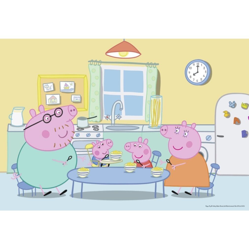 Puzzle Peppa Pig: famiglia a tavola. Cucina con tavolo, sedie, orologio, frigorifero e finestra.