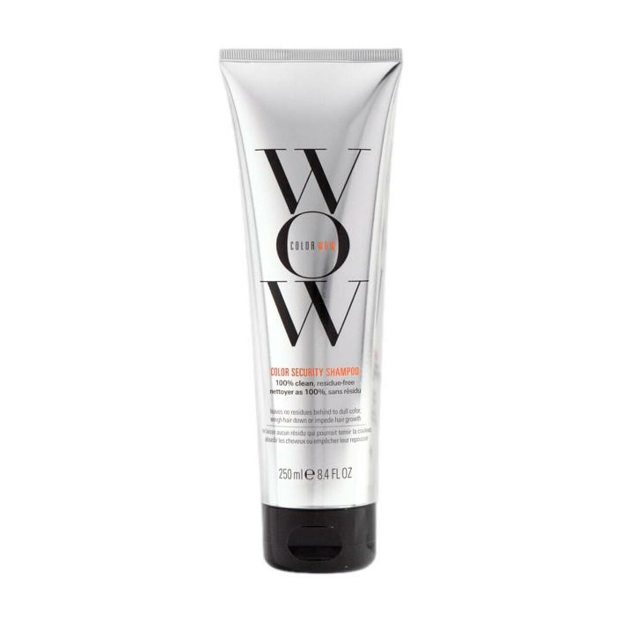Tubo argentato con tappo nero. Scritta: WOW, Color Security Shampoo. Testo: 100% pulito, senza residui. 250ml/8.4 fl oz.