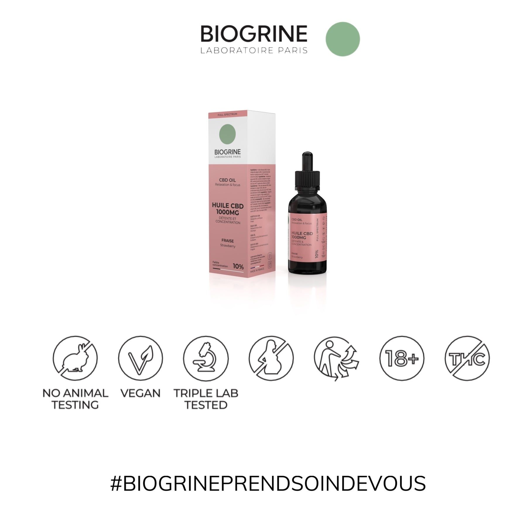 Flacone di vetro marrone e confezione. Scritta: BIOGRINE, Olio CBD 1000mg, Fragola. Simboli: vegano, senza test sugli animali, 18+.