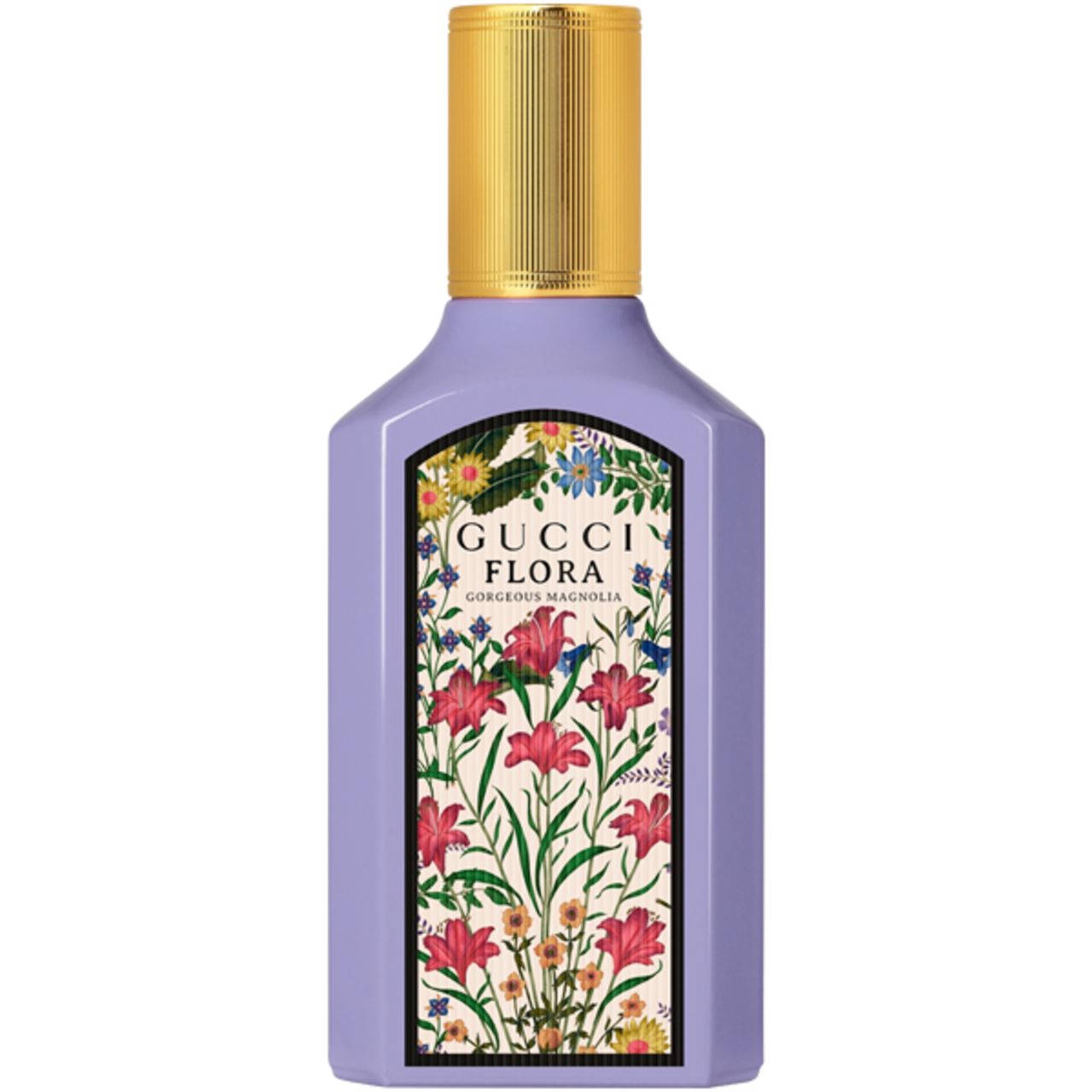 Flacone Gucci Flora Gorgeous Magnolia con etichetta floreale. Tappo dorato. Sfondo bianco.