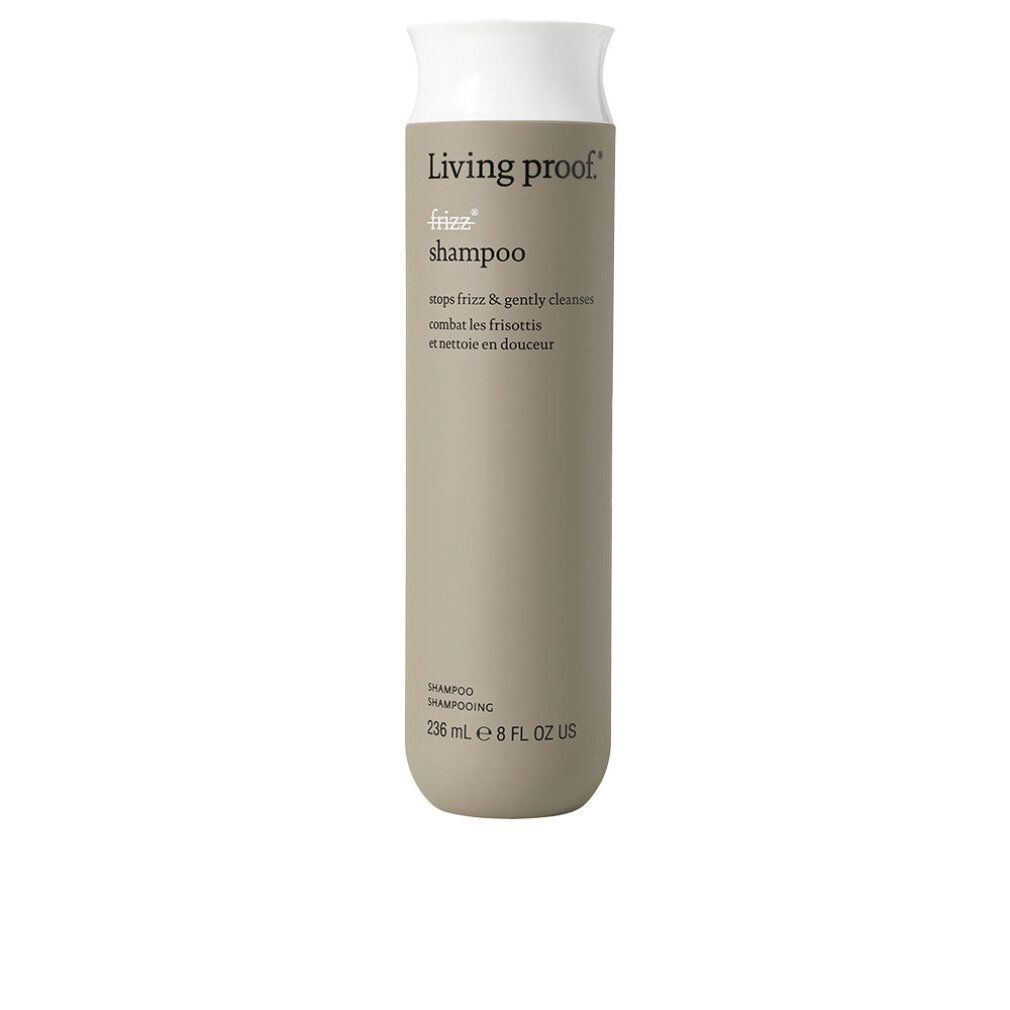Flacone cilindrico Living Proof Frizz Shampoo. Tappo bianco, corpo grigio. Testo: Shampoo, 236 ml, 8.0 FL OZ US.