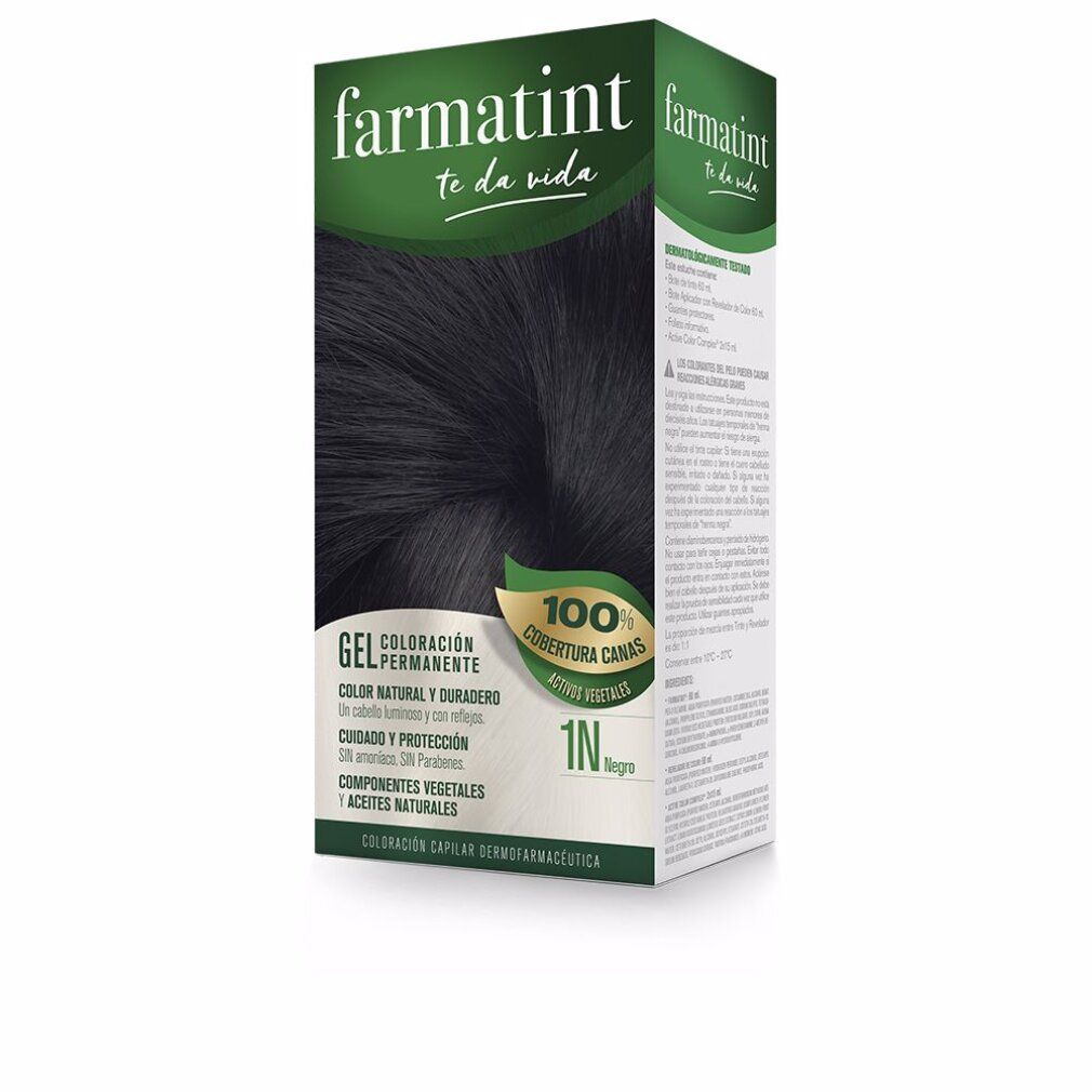 Scatola di tintura per capelli. Nome del prodotto e tonalità 1N Negro. Confezione verde e bianca con immagine del prodotto.