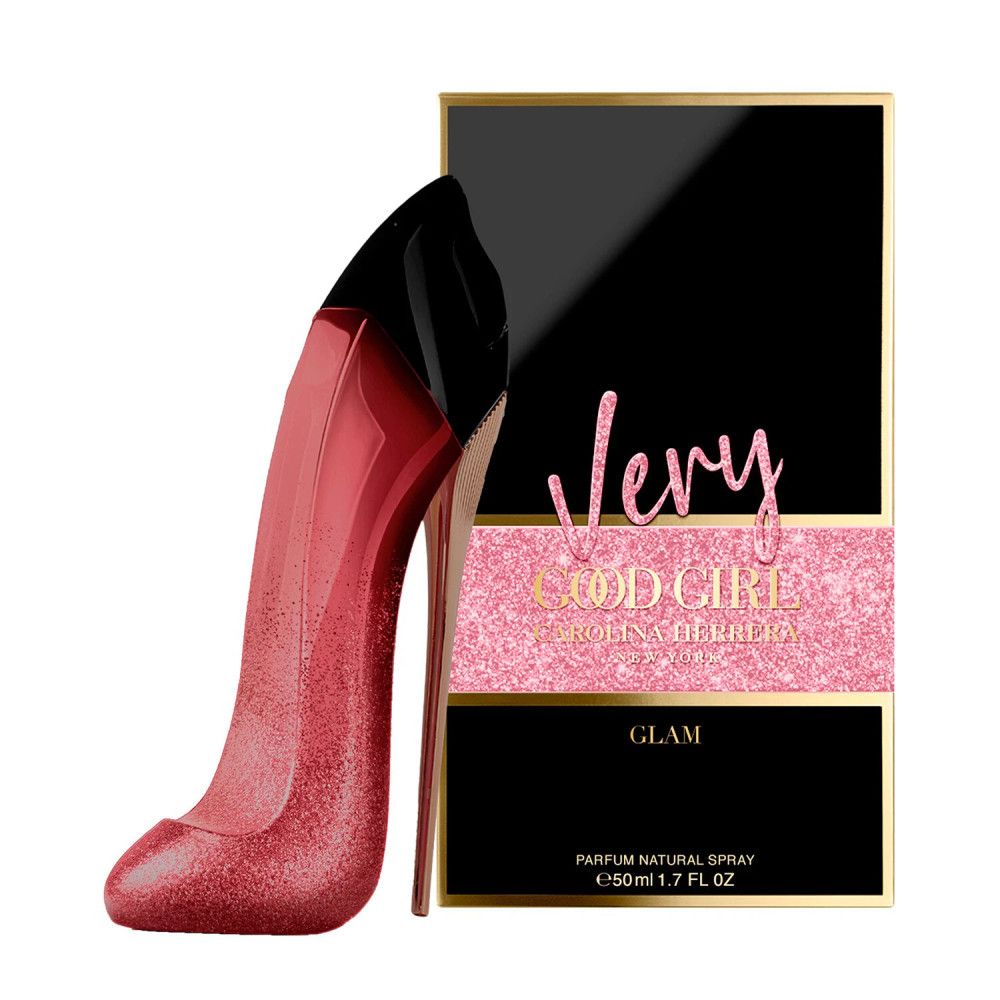 Flacone di profumo Carolina Herrera Very Good Girl Glam a forma di scarpa con glitter rossi.