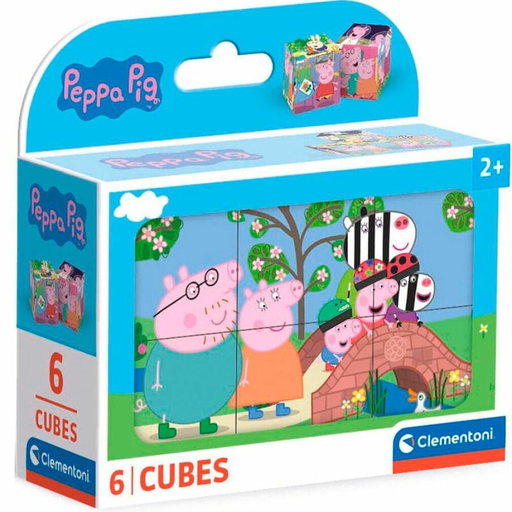 Confezione del puzzle Peppa Pig 6 pezzi. Sei cubi in scatola. Illustrazione dei personaggi. Confezione blu.
