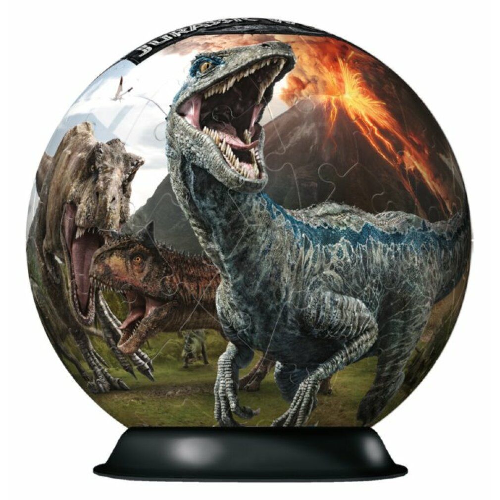 Puzzle 3D a sfera con motivo dinosauro. Base nera. 72 pezzi. Produttore: Ravensburger. Scritta: Jurassic World.