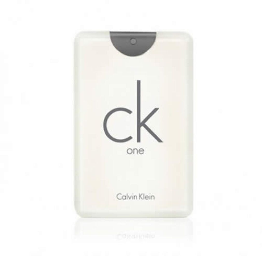 Flacone rettangolare con vaporizzatore. Scritta "ck one" e "Calvin Klein".