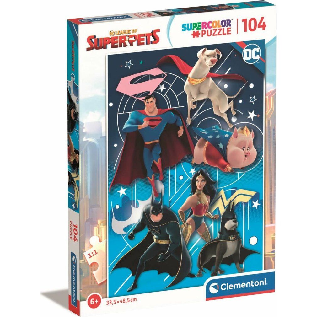 Scatola puzzle Super Pets. Contiene 104 pezzi. Marchio Clementoni. Per bambini dai 6 anni in su. Dimensioni: 33,5 x 48,5 cm.