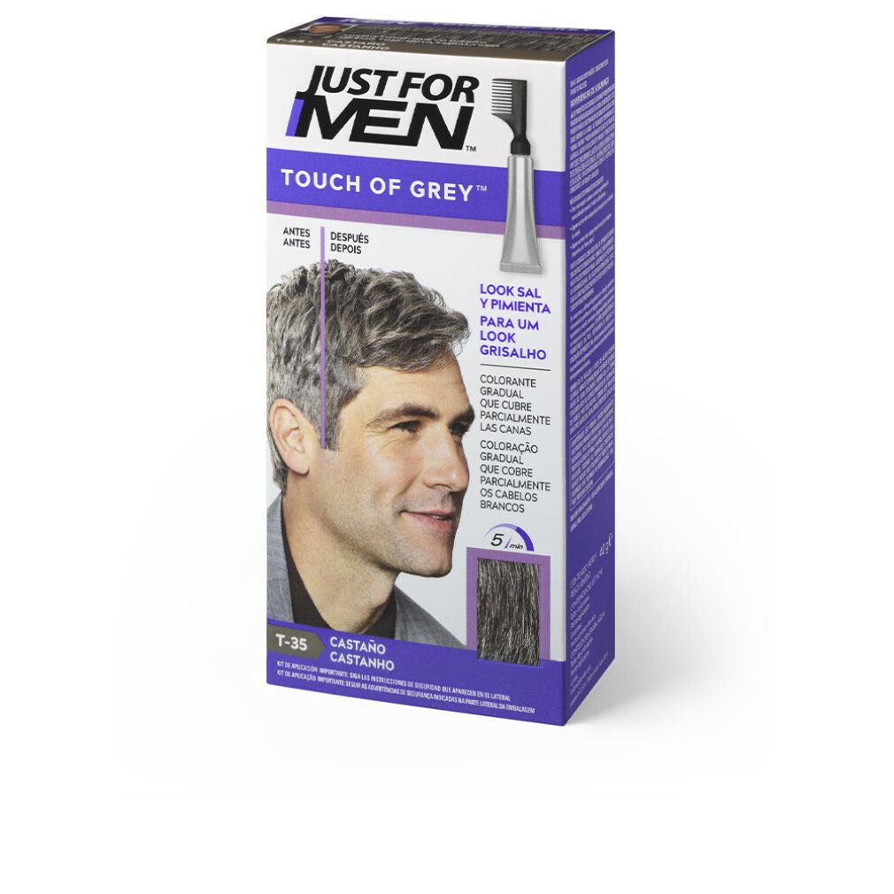 Scatola "TOUCH OF GREY" di JUST FOR MEN. Immagine di uomo con capelli grigi. Include applicatore.